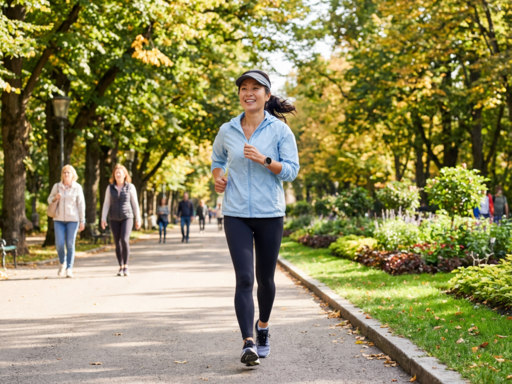 공원에서 운동을 하는 50살의 한국 여성
