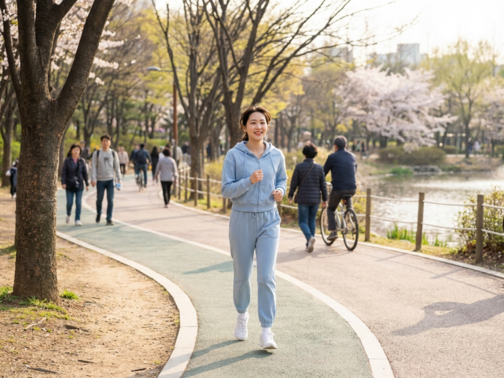 봄에 공원에서 운동하는 20대 한국여성