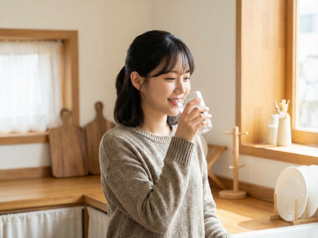 건강을 위해 물을 마시는 20대 한국여성