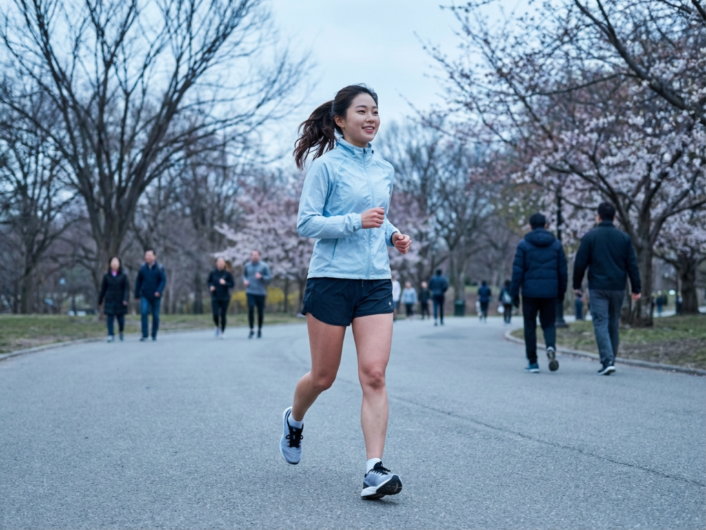 봄에 근처 공원에서 러닝을 하는 한국 여성