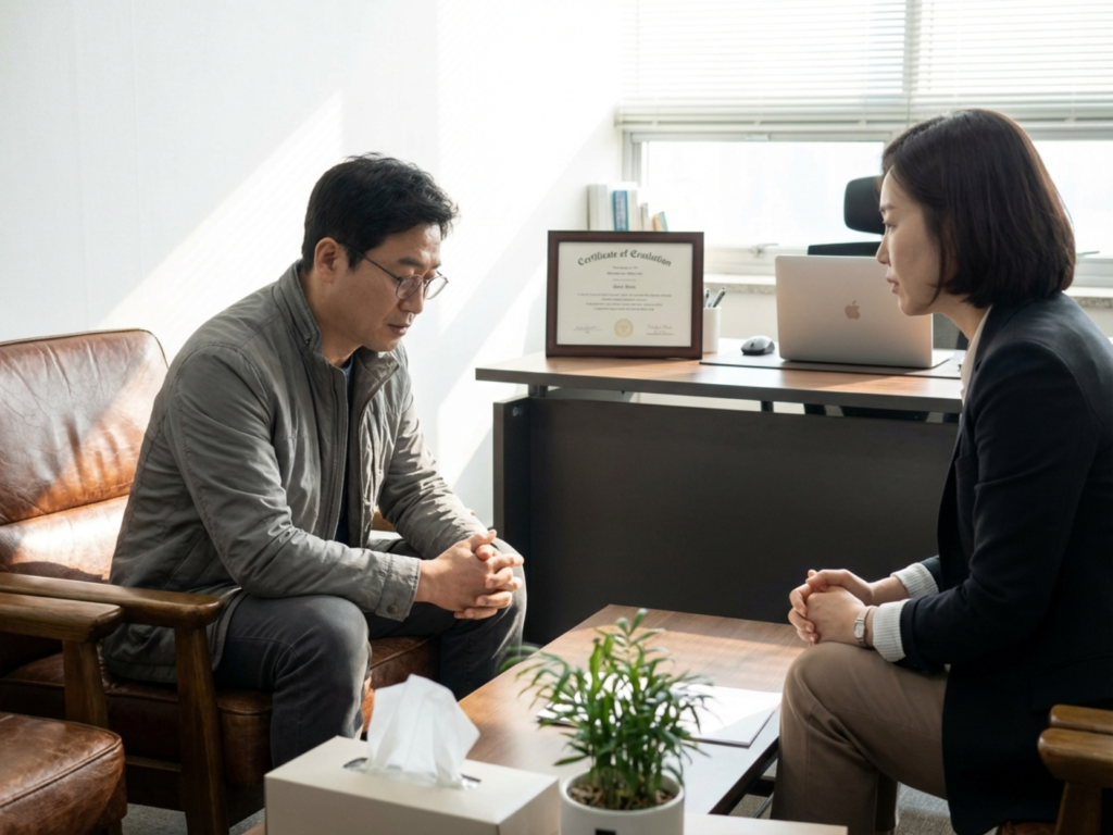 우울증 때문에 전문의와 상담하는 40대 한국 남성