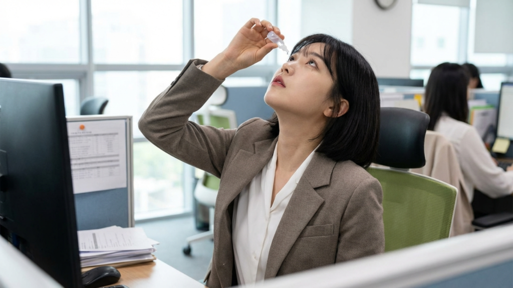사무실에서 인공눈물을 사용하는 한국 여성 직장인
