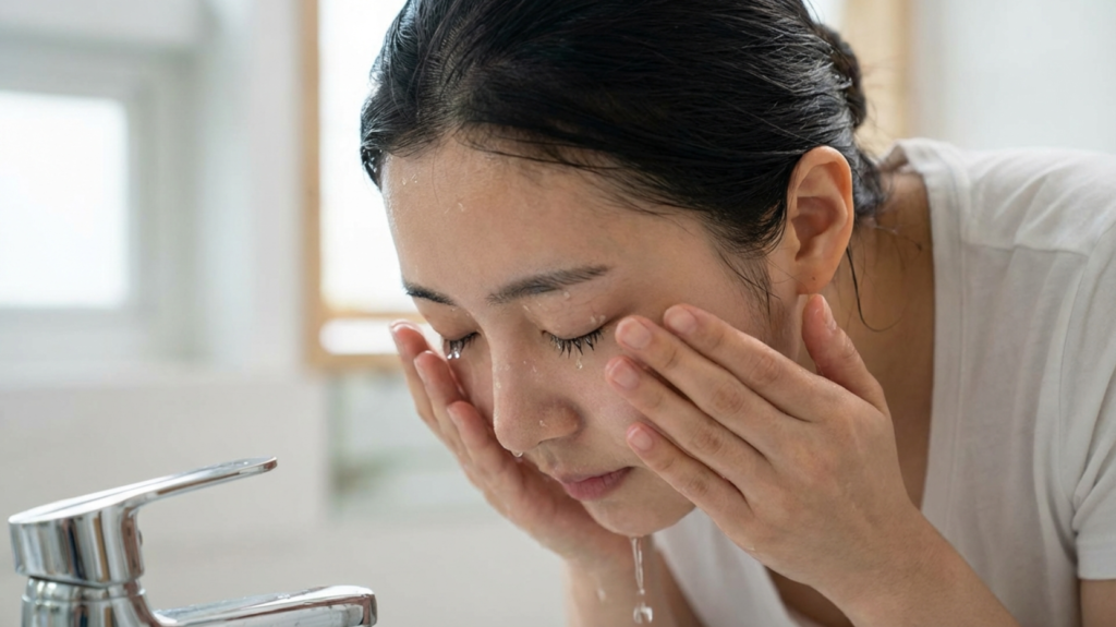 세수를 하면서 눈의 먼지를 씻겨내는 한국 여성