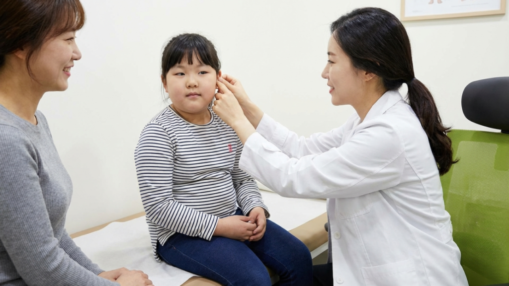 통통한 초등학생이 병원에서 진료 받는 모습