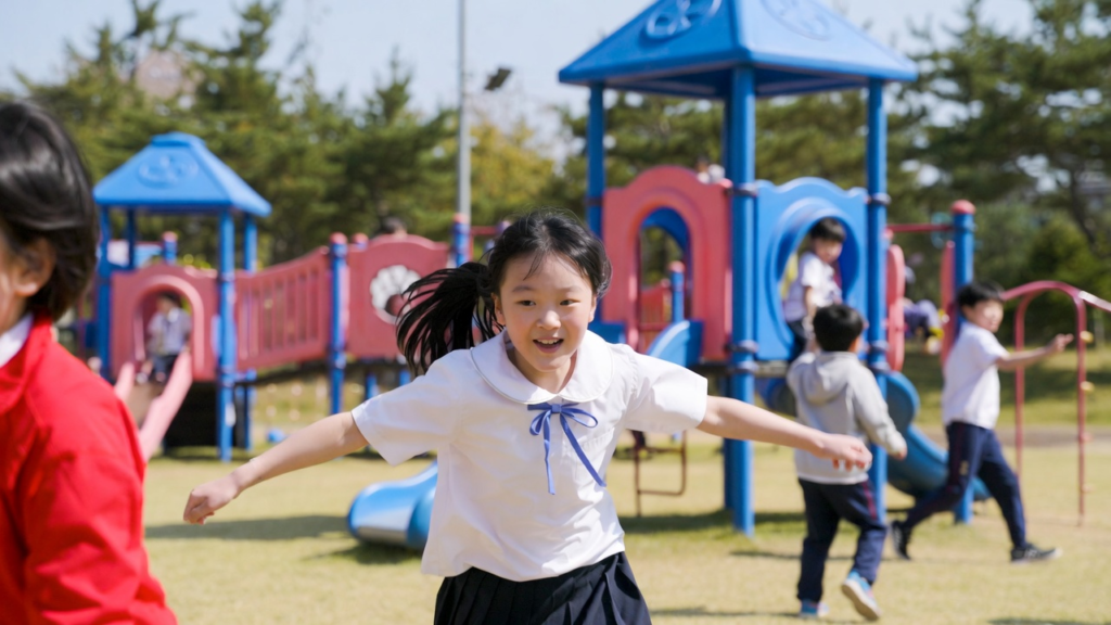 친구들과 뛰어 노는 한국 초등학생