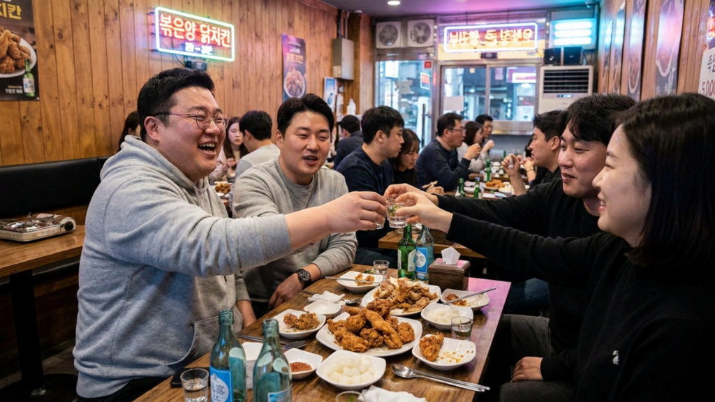 40살 남성이 치킨집에서 회식을 한다