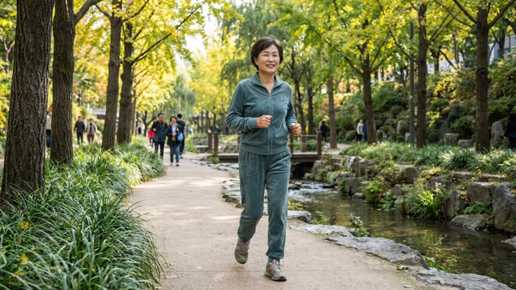 공원에서 걷기 운동을 하는 60대 한국 여성
