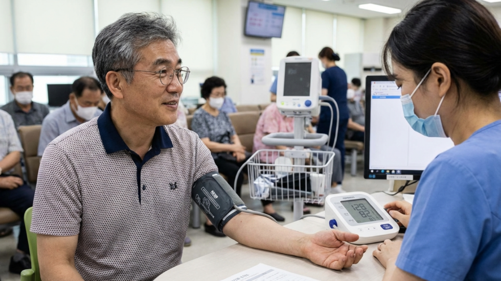 병원에서 혈압을 재고 있는 50대 한국 남성
