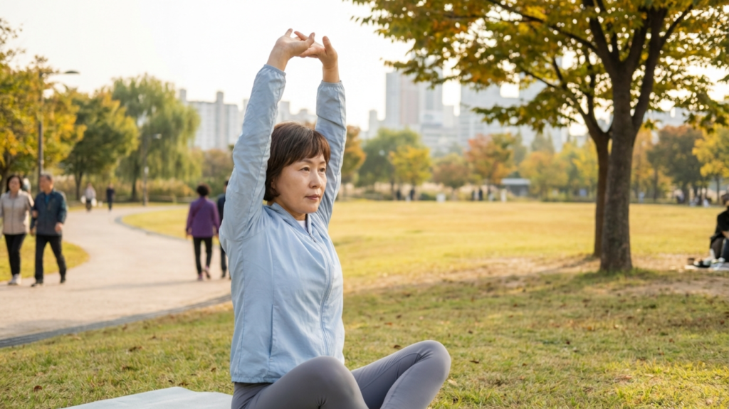 공원에서 운동하는 50대 한국 여성