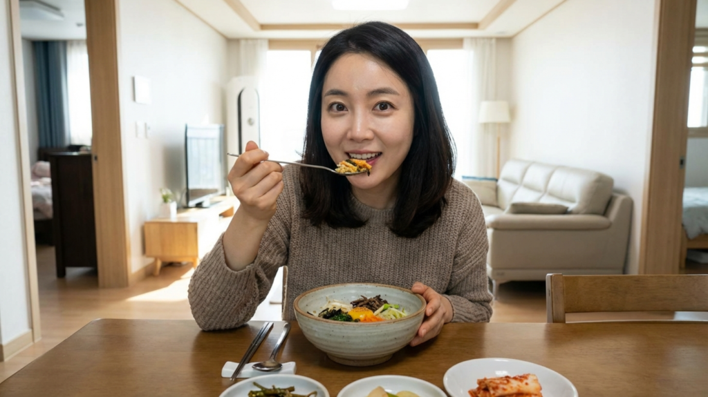 집에서 비빔밥을 먹고 있는 40대 한국여성
