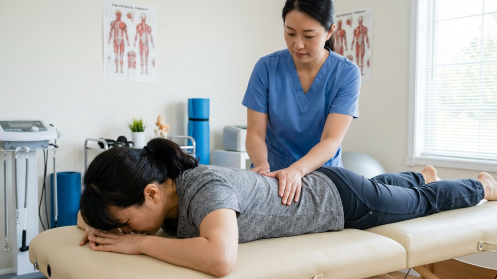 허리 물리치료를 받는 40대 한국여성