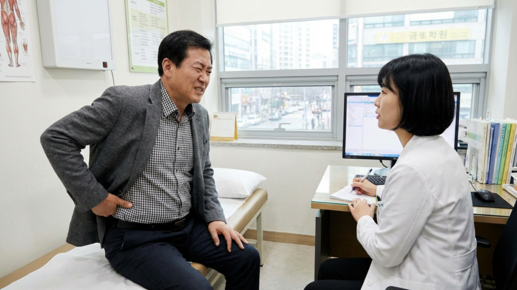 허리가 아파서 의사와 상담하는 50대 한국 남성