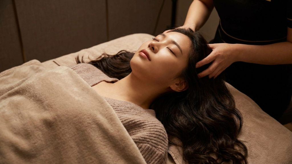 두피마사지를 받고있는 20대 한국여성