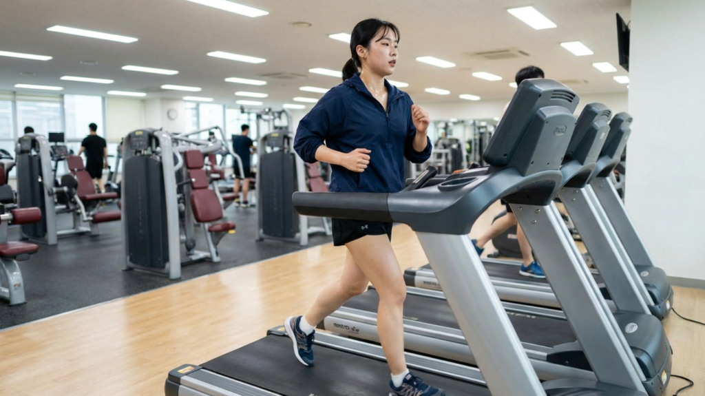 러닝머신 위에서 달리기 운동을 하는 20살 한국여성
