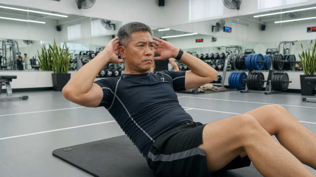윗몸 일으키키를 하는 50대 한국 남성