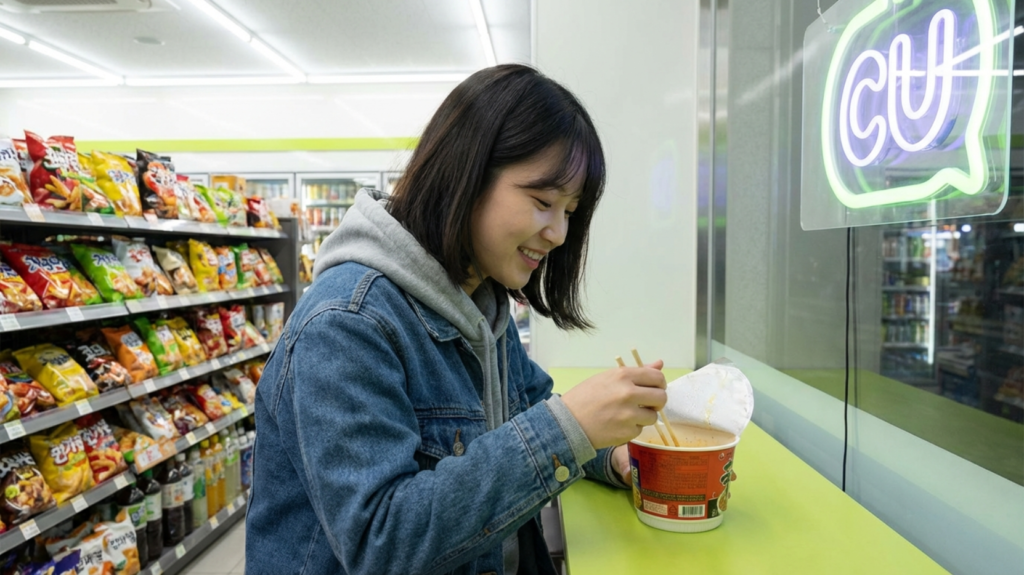 편의점에서 컵라면을 먹는 20대 한국 여성
