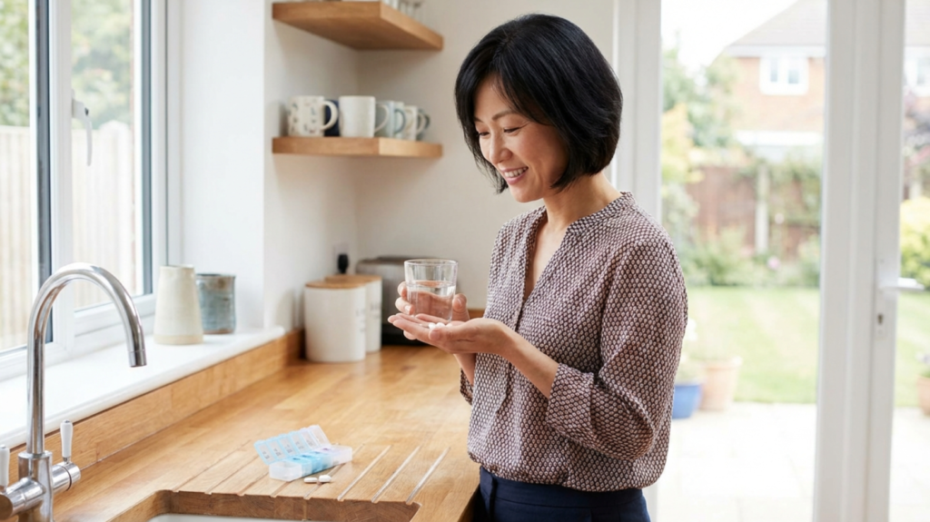 알약을 챙겨먹고 있는 40대 한국여성