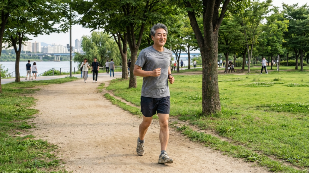공원에서 간단하게 조깅을 하고 있는 50대 한국 남성