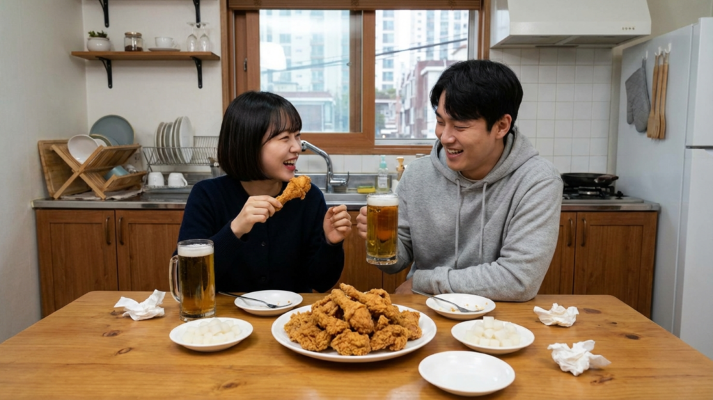 부부가 치킨과 맥주를 먹는다