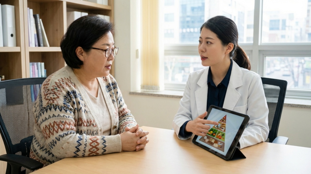 비만으로 인해 전문의와 상담 중인 50대 한국 여성