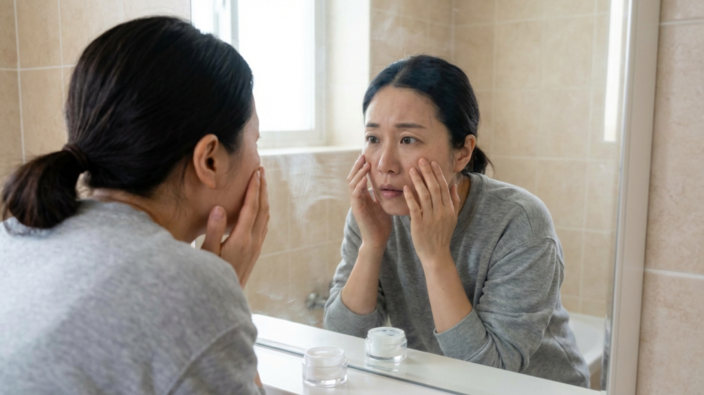 피부 트러블 때문에 고민인 30대 한국 여성
