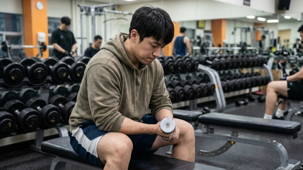 운동하면서 근육이 빠져 실망하고 있는 30살 한국 남성
