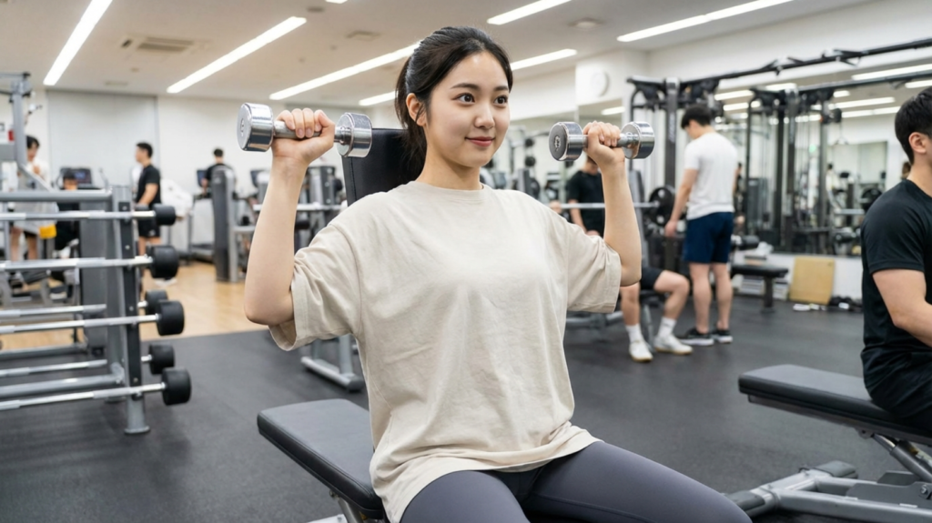 마른 비만의 20살 한국여성이 헬스장에서 운동을 하고 있다.
