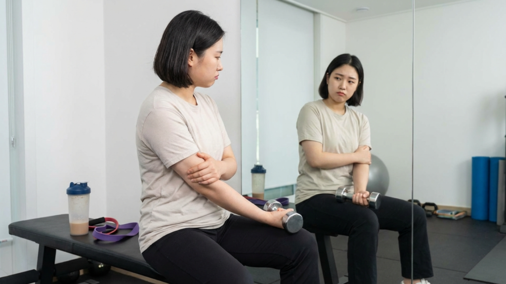 거울을 보며 몸매가 나아지지 않아 걱정인 20살 한국 여성