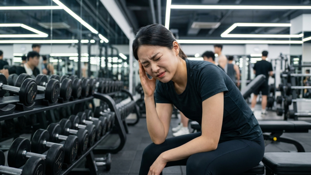 운동 중에 갑자기 두통을 느끼는 20대 한국여성