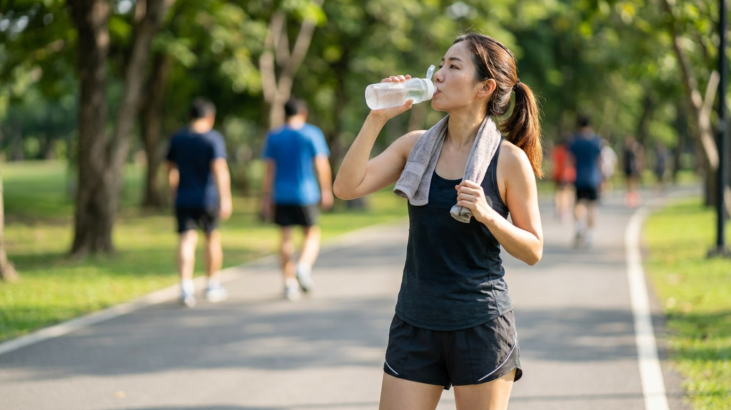 운동 중에 충분한 수분섭취가 필요합니다.