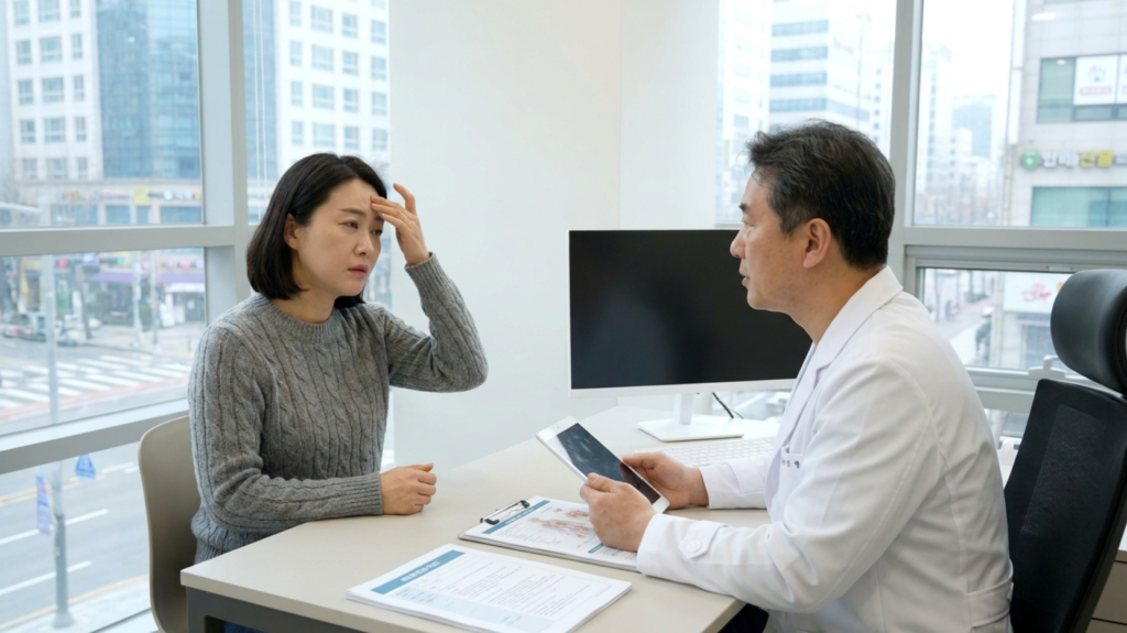 피로감 때문에 병원에서 상담을 받고 잇는 40살 한국여성
