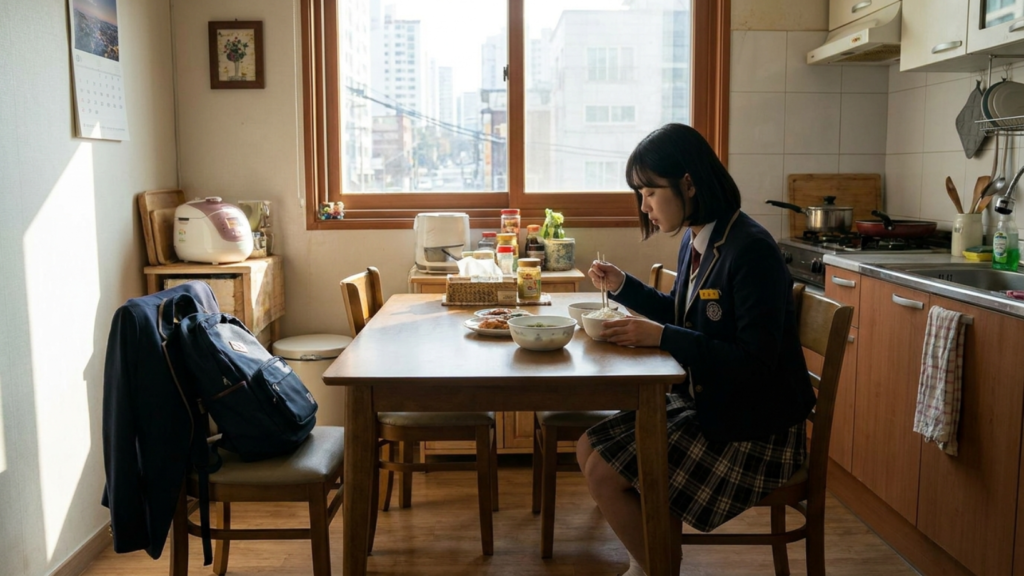 등교 전에 아침을 먹는 한국 여고생