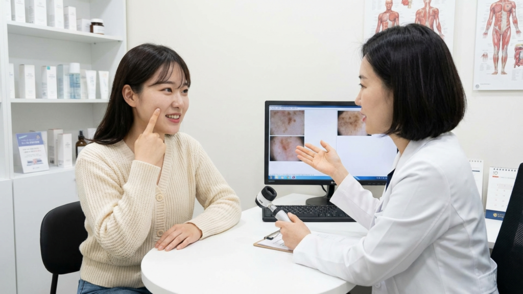 피부과 의사와 상담하는 20대 한국여성
