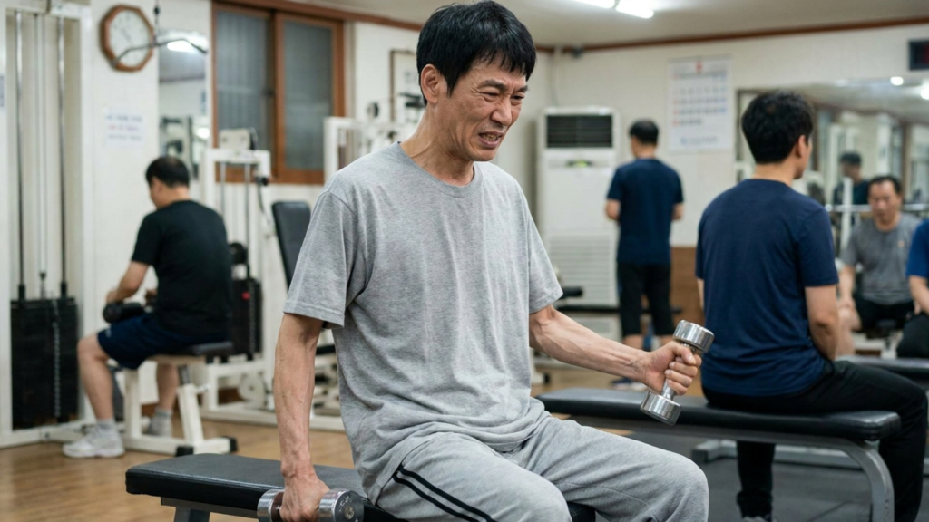 무리한 식단으로 운동할 때 힘이없는 남성
